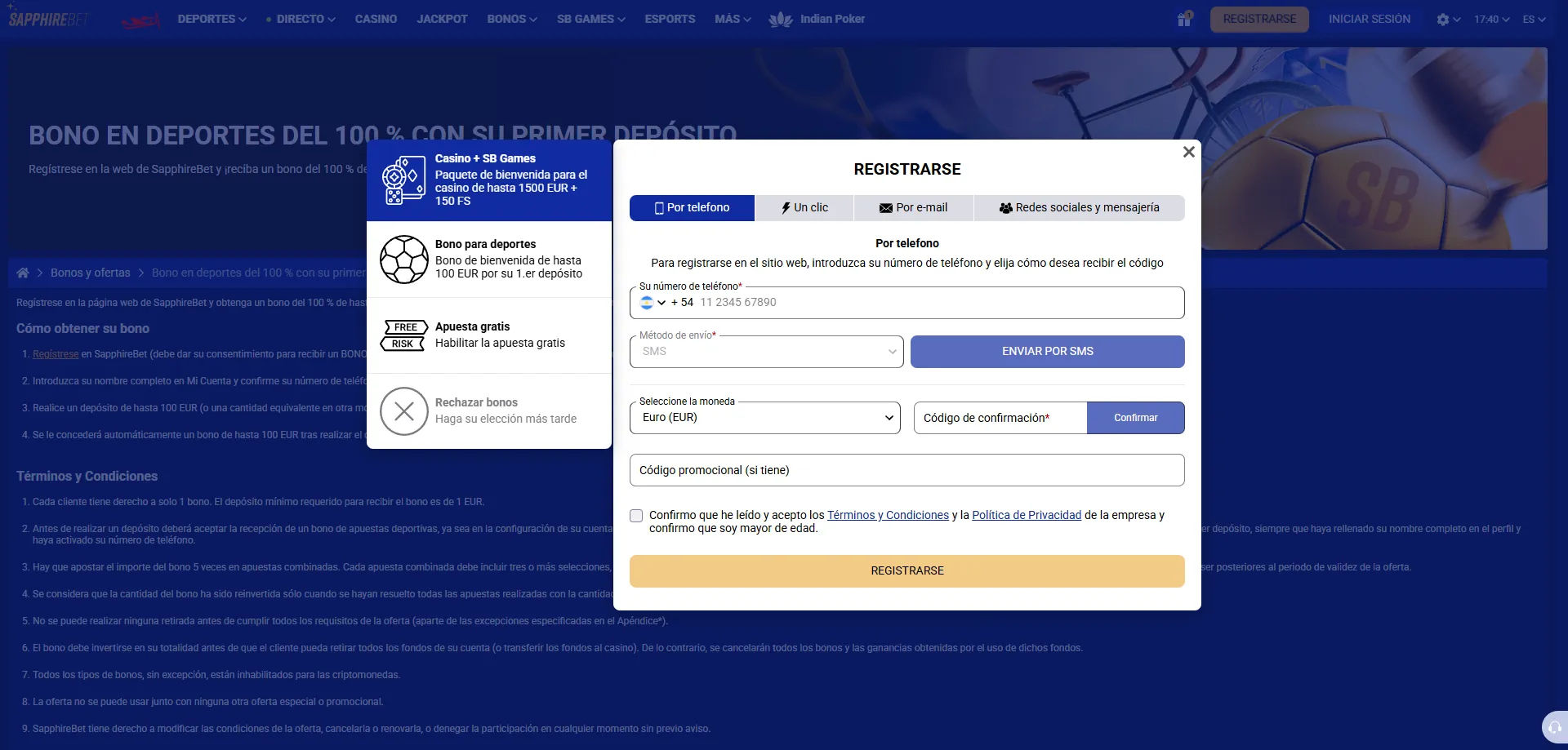 Registro en SapphireBet casino Argentina — proceso de inscripción